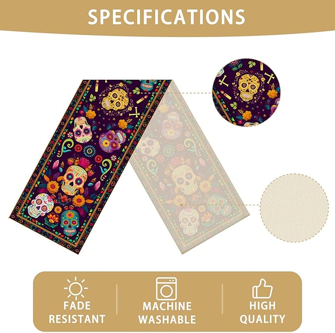 Mexican Skull Flowers Table Runner Seasonal Holiday Kitchen Dining Linen Table Decoration for Indoor Outdoor Home Party Decor 13 x 72 Inch