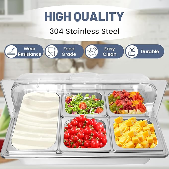 Countertop Ice Food Serving Display Tray with 5 Pan, Salad Bar Buffet Station for Home, Cold Food Buffet Server, Pizza Topping Station, Cold Buffet Table Serving Station for Party