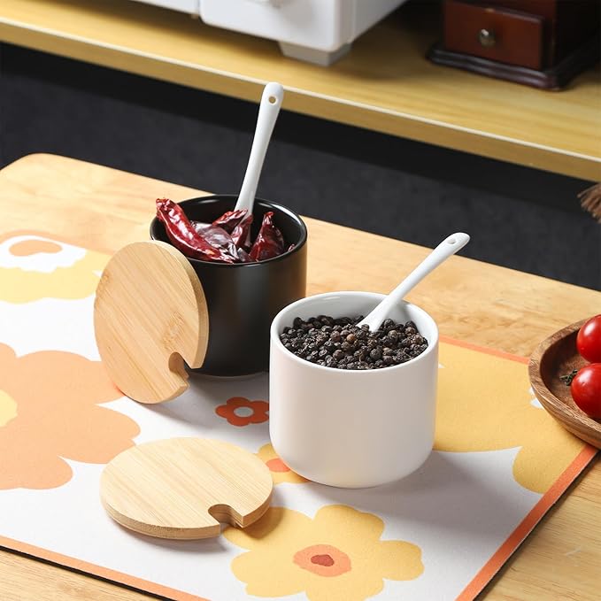 VanEnjoy Set of 2 Black Sugar Bowl with Lid 10oz Ceramic Sugar Bowl Salt Cellar with Lid and Spoon Salt Jar for Seasoning Sugar Container with Spoon