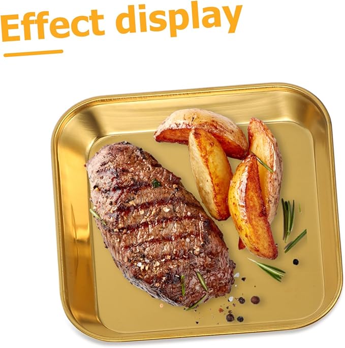 Ciieeo 2pcs Stainless Steel Food Trays Baking Small Square Metal Dinner Plates Gold Serving Tray for Appetizer Cookie
