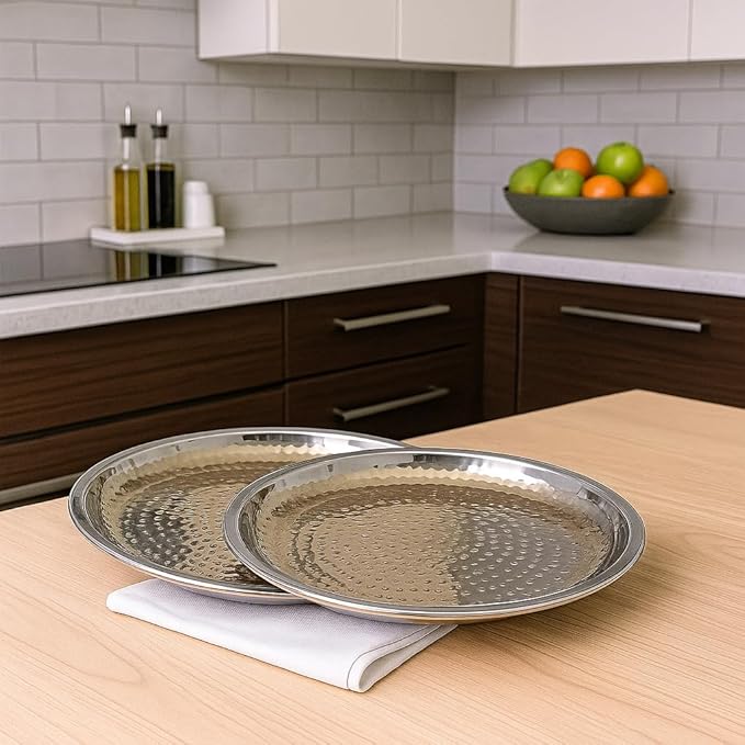Set of 2 Stainless Steel Hammered Serving Trays – 11.5 Inch Round Platter for Fruit, Snacks, Tea – Mirror Finish, Rust-Proof, Dishwasher Safe – Kitchen & Gifting Tray Set