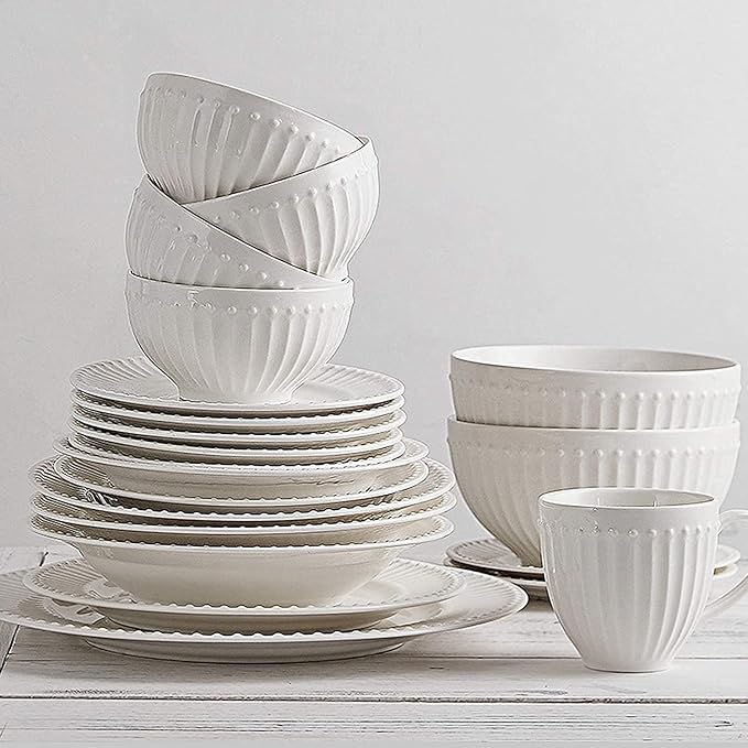 Ceramics Dinner Sets, 56 Pieces Relief Stripe Cereal Bowl and Steak Plate Set | Pure White Porcelain Dinnerware Set for Family Gathering