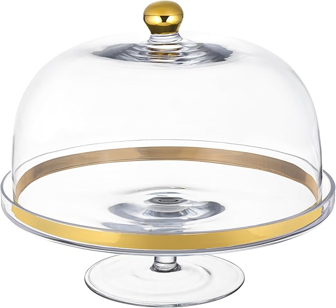 Barski Glass - Cake Stand - and - Dome - with - Gold Rim - and - Gold Knob - for - Cake - Fruit - Cheese - 11.75" Diameter - Made in Europe