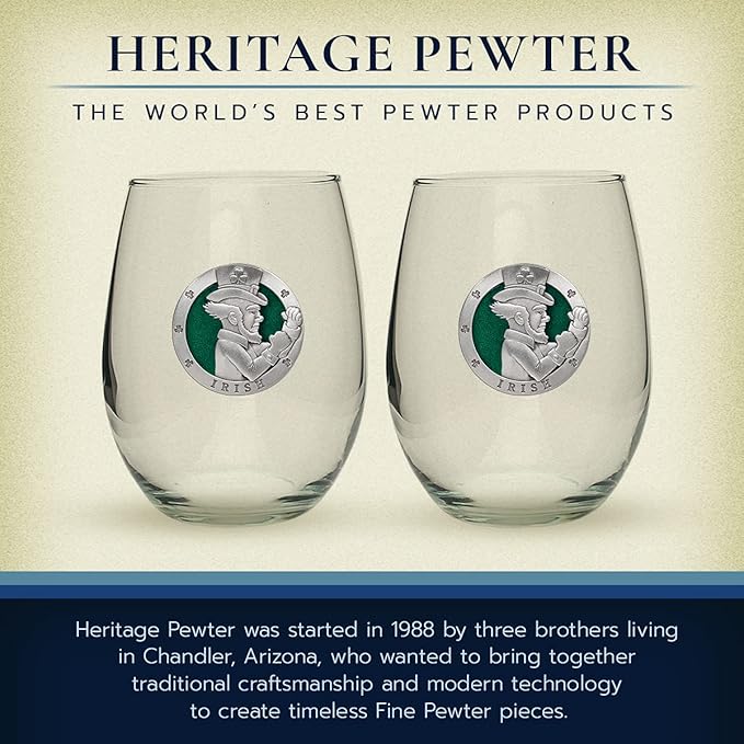Heritage Pewter Irish Fighter Stemless Glass Goblets – Set of 2 | 15 OZ Goblet Wine Glasses | Expertly Crafted Pewter Glass