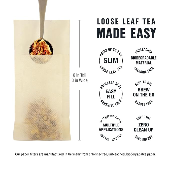 Tiesta Tea Loose Leaf Filters for Brewing, Disposable Infuser for Hot & Iced Drinks, Easy-Fill Steeper, Unbleached Paper, Single-Cup Infuser for Loose Leaves, 100 Empty Bags (6 pack)