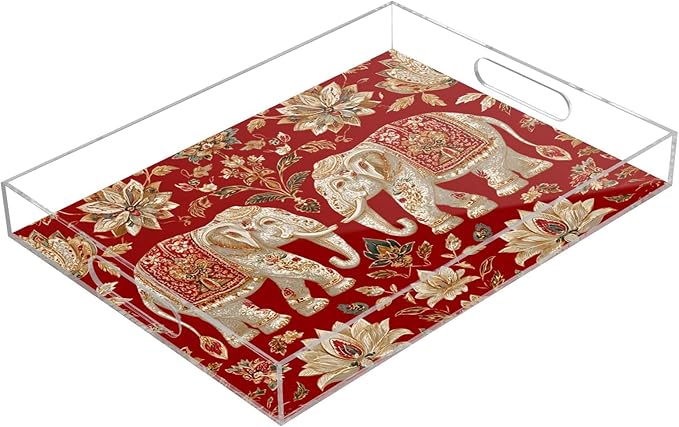 Serving Tray with Handles Clear Acrylic Tray 12x16 Inch Decorative Rectangular Tray Organizer for Ottoman Coffee Table Bathroom Red Retro Elephant Flowers