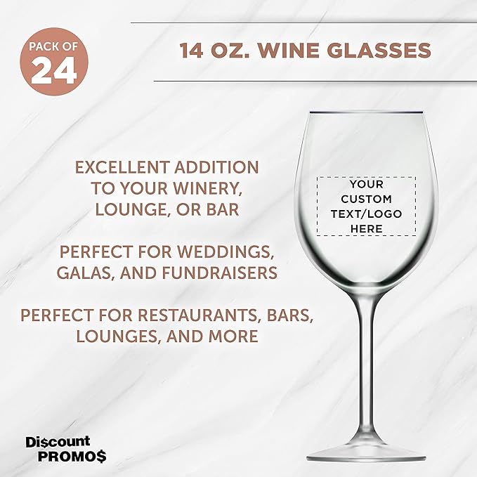 Custom Wine Glasses 14 oz. Set of 24, Personalized Bulk Pack - Restaurant Glassware, Perfect for Red Wine, White Wine, Cocktails and More - Clear