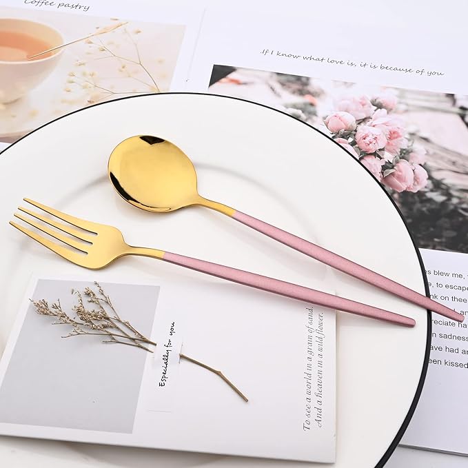 30-Piece Snplowum Mirror Flatware Serving Set, 18/0 Stainless Steel Dinnerware With Pink Handle, Modern Durable Home Kitchen Eating Tableware Set Service For 6 (Pink Gold)