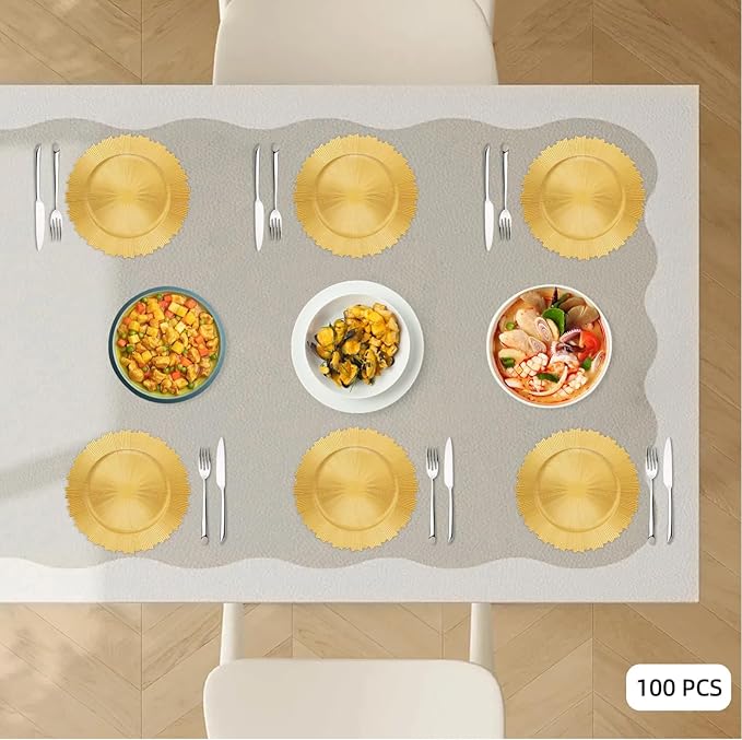 100 PCS Charger Plates Bulk, 13 Inch Plastic Round Charger Dinner Plates Jagged Edge Service Plates Decorative Chargers Bulk for Table Setting Wedding Party Event(Gold)
