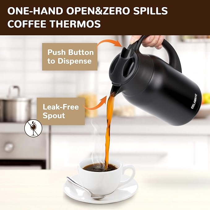 68 oz Coffee Carafe for Keeping Hot - 12 Hour Hot Drinks and 24 Hour Cold Drinks Stainless Steel Insulated Pot with Anti-Drip Spout, 316 Food Grade Thermal carafe Pot for Home/Camping/Office Black