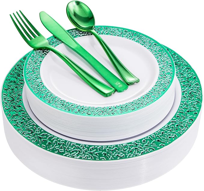 U-QE 150PCS Green Christmas Plastic Plates with Plastic Silverware, Green Christmas Disposable Plates for 30 Guests Include 30 Dinner Plates, 30 Salad Plates,30 Guests Silverware Perfect for Party