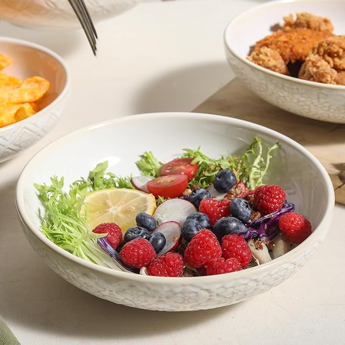 8 inch Pasta Bowls Set of 4, 22 Oz Ceramic Serving Bowls, Large Porcelain Embossed Soup Bowl, Serving Dishes for Pasta, Salad, Fruit, Oven & Dishwasher Safe, Housewarming Wedding Present
