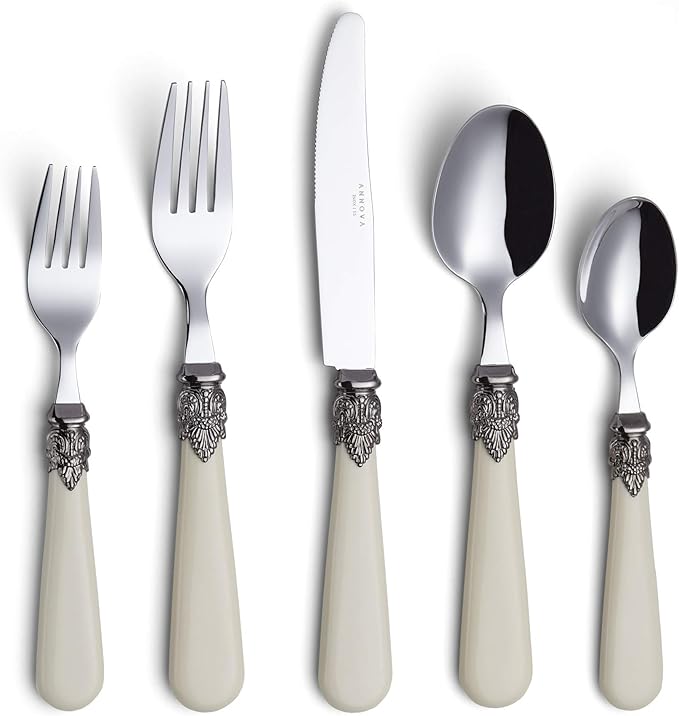 ANNOVA Flatware 20 Pieces Set/Stainless Steel Vintage Silverware/Cutlery, Dinner Knife/Dinner Fork/Salad Fork/Dinner Spoon/Dessert Spoon, Mirror Polished, Service for 4 - Ivory/Cream