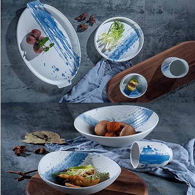 Ceramics Dinnerware Set, Plates and Bowls Sets for Restaurant, 36 Pieces Blue Splash Ink Tableware Combination Set, Matte Irregular Shape Porcelain Dinner Set