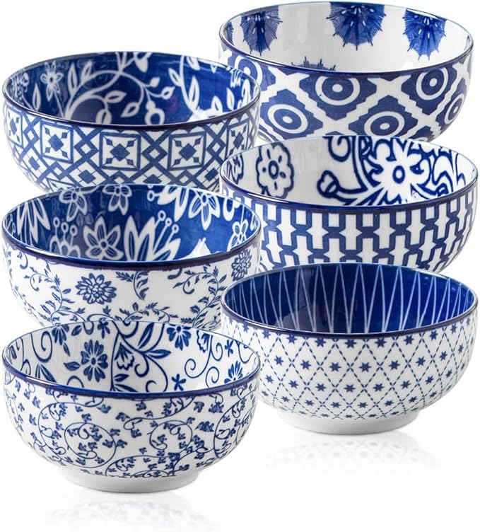 Ceramic Mini Dipping Bowls - 4 Oz Small Dessert Bowl Set - 3.5 Inch Porcelain Bowls for Side Dishes, Snack, Yogurt, Appetizer - Microwave Dishwasher Safe - Set of 6 - Vintage Blue