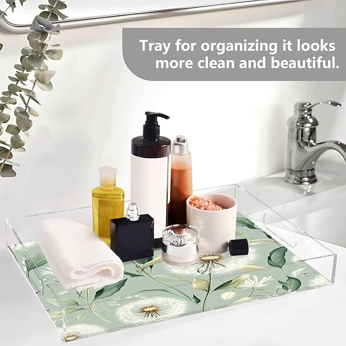 Serving Tray with Handles Clear Acrylic Tray 12x16 Inch Decorative Rectangular Tray Organizer for Ottoman Coffee Table Bathroom Sage Green Dandelion