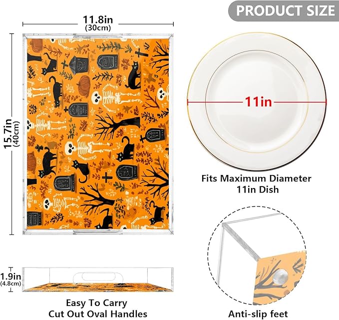 Serving Tray with Handles Clear Acrylic Tray 12x16 Inch Decorative Rectangular Tray Organizer for Ottoman Coffee Table Bathroom Orange Skeletons Cat Bats Tombstones Dead Trees