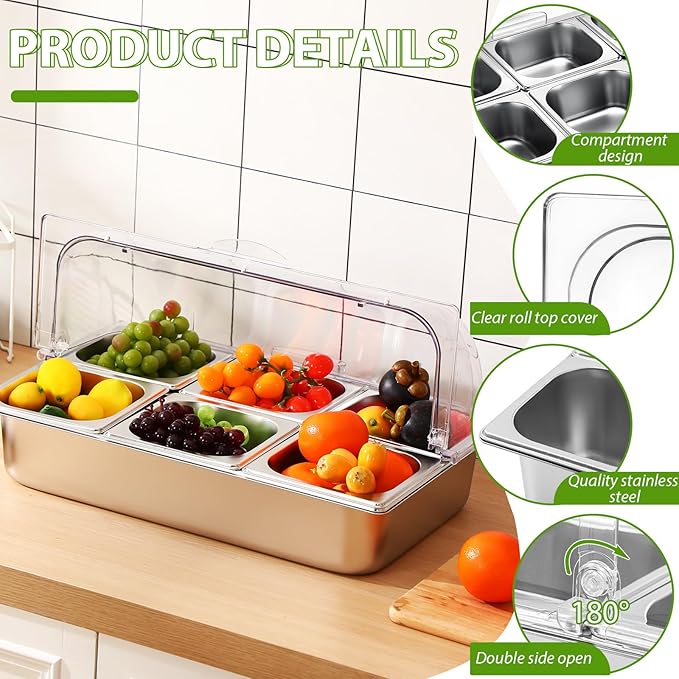 6 Pan Chilled Buffet Server Stainless Steel Countertop Food Serving Display Container with Clear Roll Top Cover Serving Tray Buffet Condiment Dispenser Ice Cooled Food Display Rack