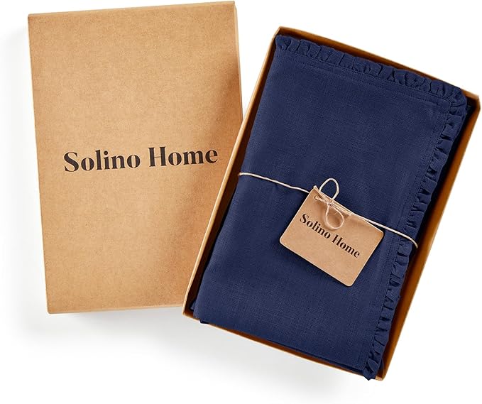 Solino Home Navy Blue Linen Dinner Napkins 20 x 20 Inch - 100% Pure Linen Juliette Ruffle Cloth Napkins Set of 4 - Handcrafted and Machine Washable