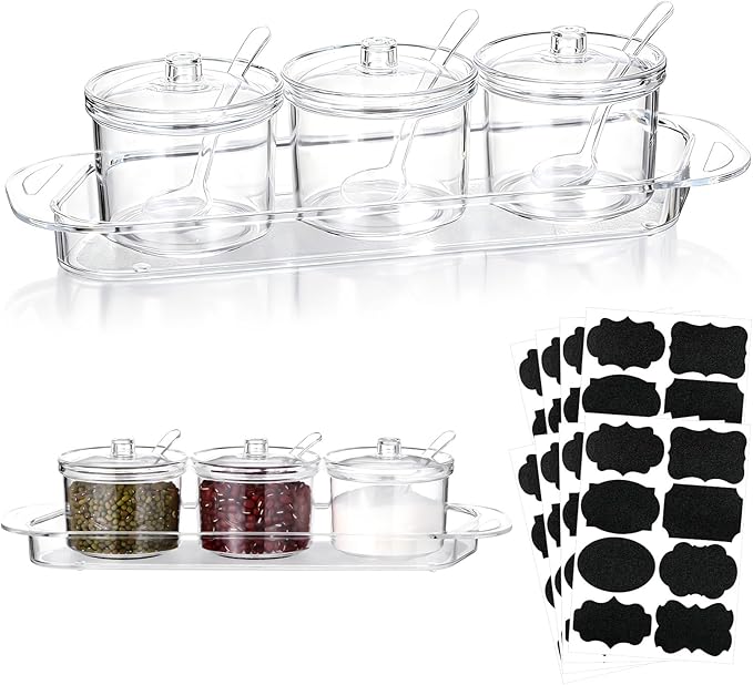3 Pcs Clear Acrylic Sugar Container with Lid and Spoon 7 oz Seasoning Sugar Jar Salt Spice Canister Condiments Pot with Label Stickers for Home Coffee Bar Restaurant Kitchen