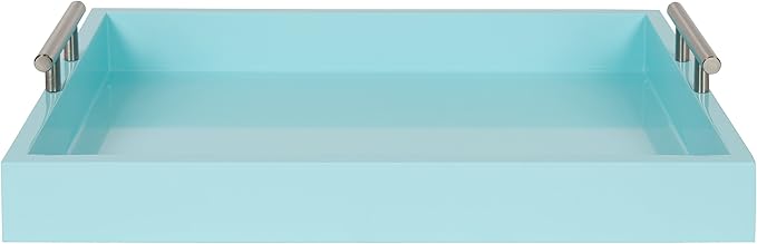 Kate and Laurel Lipton Decorative Tray with Polished Silver Metal Handles, Pastel Teal