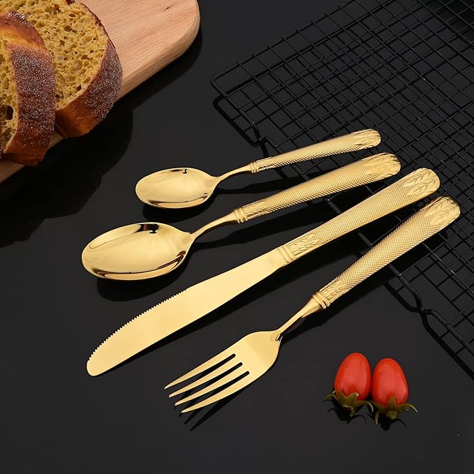 JASHII 304 Stainless Steel Hammered Silverware Set with Wheat Spike Pattern, Modern Eating Tableware Flatware Set, Service for 6. Flat Handle, Dishwasher Safe - Shiny Gold