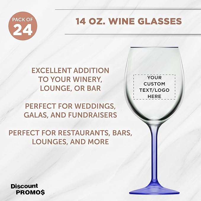 Custom Wine Glasses 14 oz. Set of 24, Personalized Bulk Pack - Restaurant Glassware, Perfect for Red Wine, White Wine, Cocktails and More - Blue