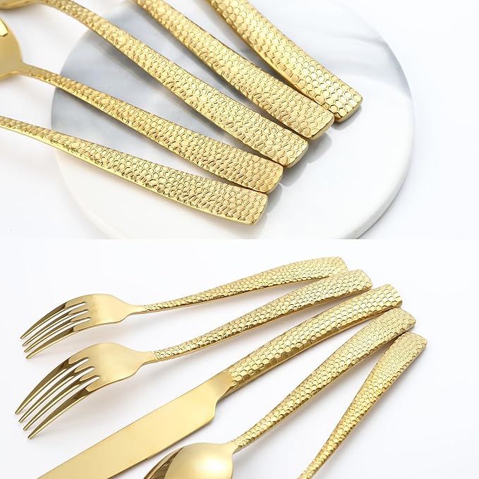 30-Piece Gold Silverware Set, Heavy Duty Hammered 18/10 Stainless Steel Flatware Set for 6, Food-Grade Cutlery Set, Tableware Set Including Fork Knife Spoon Set,Dishwasher Safe