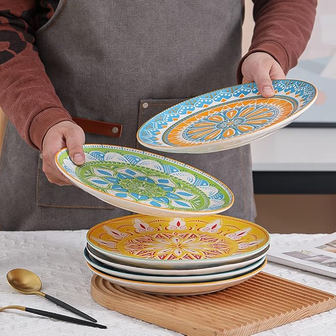AHX Dinner Plates Ceramic Plate Set - 10 Inch Large Porcelain Round Plate Sets of 6 - Flat Colorful Pattern Dining Plates for Kitchen | Family - Dishwasher | Microwave | Oven Safe