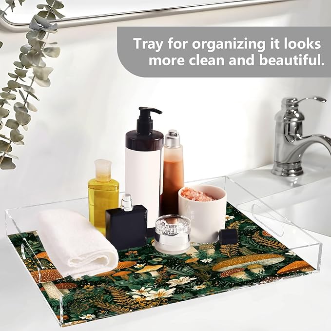 Serving Tray with Handles Clear Acrylic Tray 12x16 Inch Decorative Rectangular Tray Organizer for Ottoman Coffee Table Bathroom Retro Mushroom Leaves Green