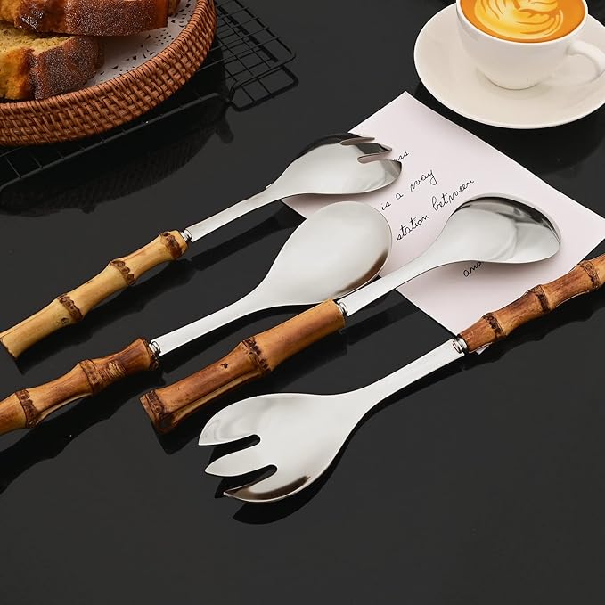 JASHII Bamboo Handle Utensils, 304 Stainless Steel Silverware Serving Spoons and Forks 4+4 Pieces, Hostess Serving Set for Buffet Party Kitchen Restaurant, Mirror & Dishwasher Safe - Silver