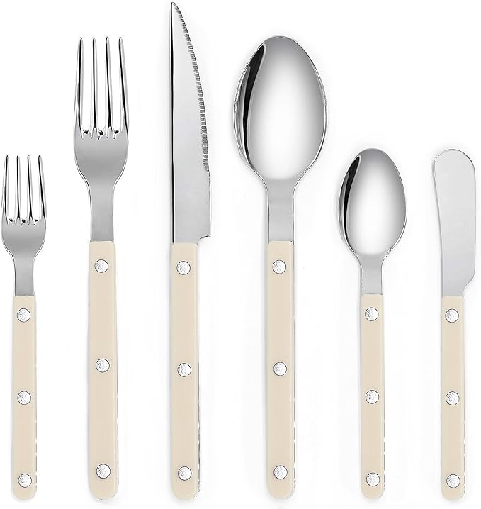 6-Piece Stainless Steel Flatware Silverware Cutlery Set - Color Handle with Rivet/Retro Style - Includes Dinner Knife; Dinner Fork; Salad Fork; Soup Spoon; Teaspoon; Spreader (IVORY)