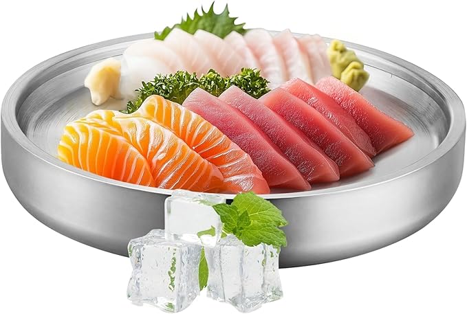 Cold Serving Tray with Ice Chamber, 11.2 Inches, Stainless Steel Platter for Shrimp Cocktail, Fruit, and Party Buffets