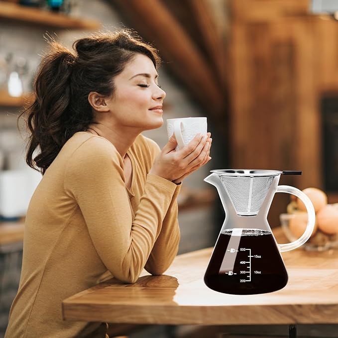 500ML(16.9oz) Glass Pour Over Coffee Maker with Double Stainless Filte - 4 Cup (Approx Refers to 4 oz. Per Cup) Thickened Heat-Resistant Paperless Pour Over Coffee Dripper Perfect Extraction for Home