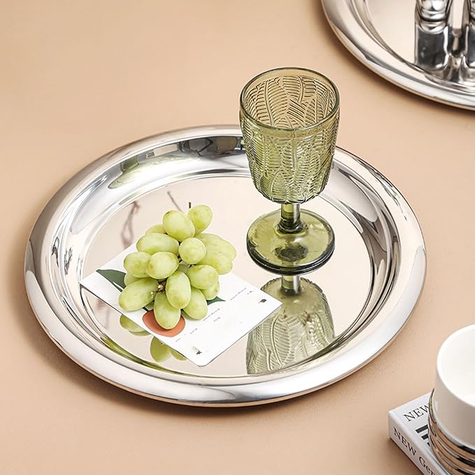 Diydeg Stainless Steel Round Serving Tray, Decorative Mirrored Finish Round Serving Bar, Sturdy Vacuum Coating Circular Platter, for Coffee Table Bar Party (L)