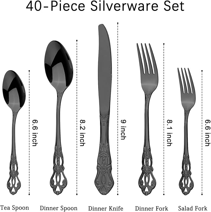 Retro Royal Black Silverware Set With Gift Box For 8 Cutlery Set Utensils Stainless Steel Flatware 40 Pieces MIKIWAY Kitchen Tableware Set For Gifts Festive, Dishwasher Safe, Mirror Polishing