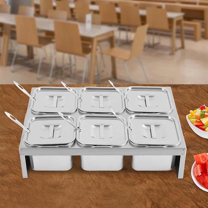 6 Pans Ice Food Serving Display Container, Stainless Steel Serving Tray Catering Supplies Buffet Display Condiment Dispenser Plate Case with Acrylic Replaceable Lids for Restaurant Hotel Kitchen