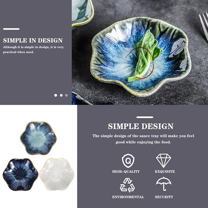 3pcs Ceramic Sauce Dipping Plates Set, Assorted Blue Gradient, Vintage White Natural Straw Colors, Small Lotus Leaf-shaped Appetizer Serving Dishes for Kitchen and Random Color
