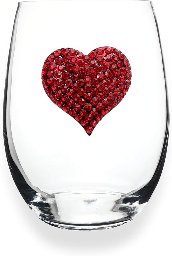THE QUEENS' JEWELS Red Heart Jeweled Stemless Wine Glass, 21 oz. - Stunning and Dazzling Expression of Love Hand-Set Rhinestones Not Painted