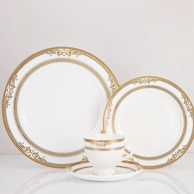 16 pieces bone china dishes set for 4, ceramic plate set with gold thread, elegant royal pattern dinnerware sets for wedding, housewarming, birthday