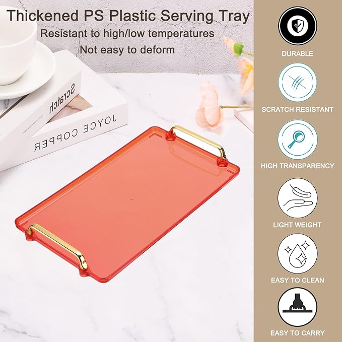 PATIKIL 16.1 x 8.7 Inches Plastic Serving Tray with Golden Handles, Reusable Tray Rectangular Party Platters for Dessert Coffee Tea Table, Living Room Kitchen Countertop, Red