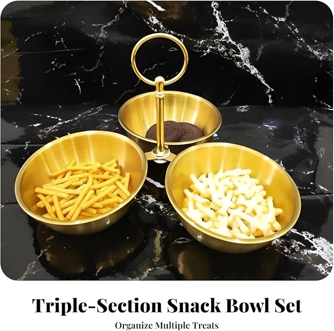 Snack Serving Bowl Divided Serving Tray Chip Dips Serving 3 Section Snack Stand with Bowls for Candy Dessert Fruit Sauce Dips, Gold