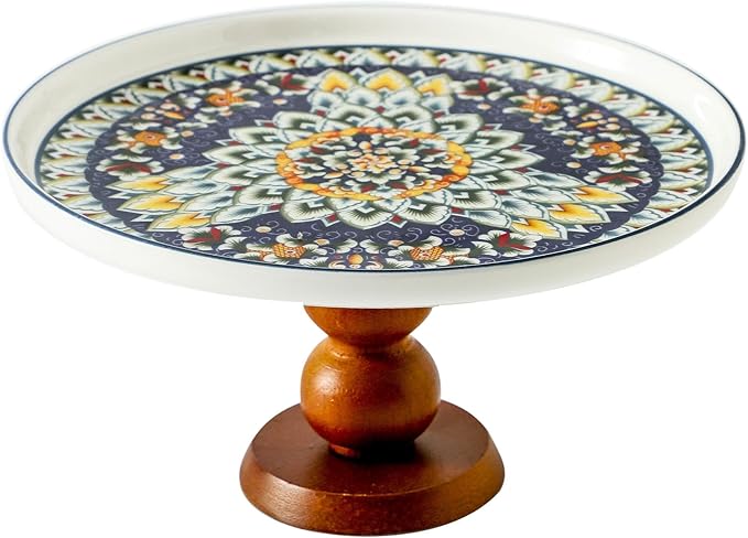 Ceramic Cake Holder Stand with Elegant Wood Curved Footed, 8” Versatile Dessert Stand, 2-in-1 Dessert Table Display Set & Charcuterie Board for Cheese/Chips/Fruit Platter/Birthday/Kitchen/Party,Blue