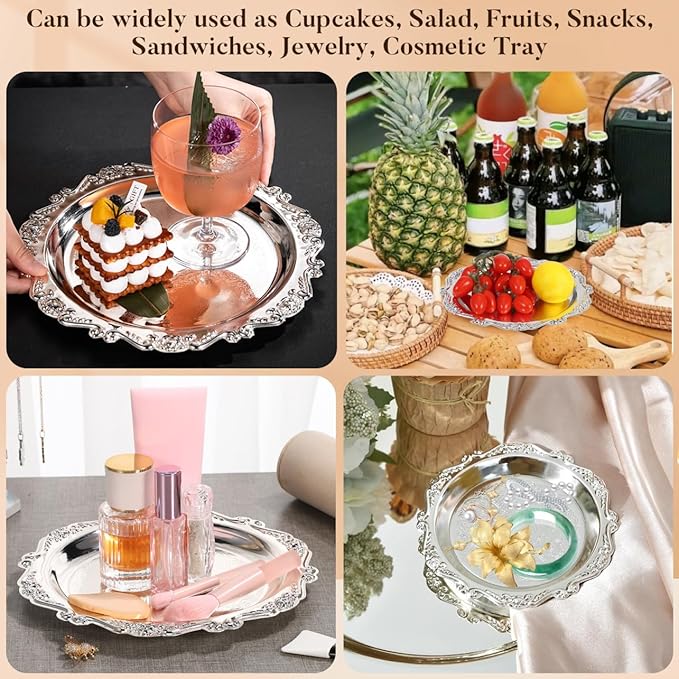 VICASKY 8 Inch Silver Metal Serving Tray - Elegant Platter for Food, Snacks, Jewelry Display & Home Decor, Vintage Style Dessert Tray with Handles (Silver, Heavy Duty)