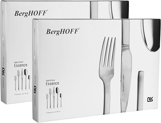 BergHOFF Essence 60Pc Flatware Set, 18/10 Stainless Steel, Ralph Kramer, Well-proportioned Look Precise, Harmonious, Silver