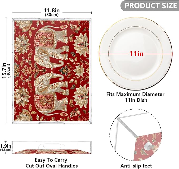 Serving Tray with Handles Clear Acrylic Tray 12x16 Inch Decorative Rectangular Tray Organizer for Ottoman Coffee Table Bathroom Red Retro Elephant Flowers