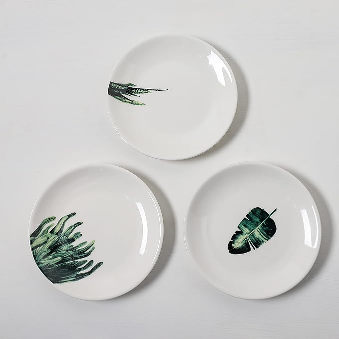 6 Inch Set of 6 Assorted Designs, Small Porcelain Plates with Plants Pattern,White Ceramic Dinnerware for Appetizer Luncheon Snacks Dessert Serving Bread, Microwave Oven Dishwasher Safe