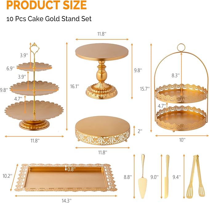 ROVSUN 10PCS Gold Dessert Table Display Set, Metal Cake Stand Set, Round Pedestal Tiered Cupcake Holder Fruit Candy Plate Serving Tower Tray Platter for Birthday Party Wedding Baby Shower Anniversary