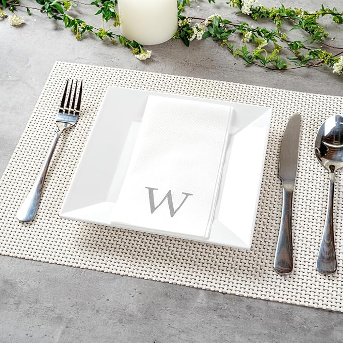 Luxenap 15.8 X 7.9 Inch Linen-Feel Guest Towels, 2000 Lettered Hand Towels - Silver Letter 'W', Sans Serif Font, White Paper Dinner Napkins, airlaid, For Restrooms And Tables - Restaurantware