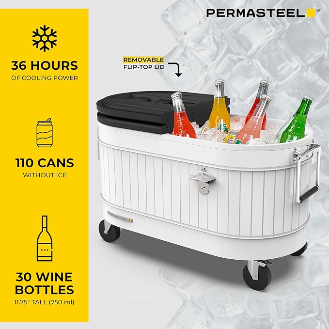 Permasteel Rolling Patio Cooler – Large Outdoor Ice Chest with Wheels, Beverage Cooler for Backyard, BBQ, Tailgate, Beach, Parties, Rustic Farmhouse Design